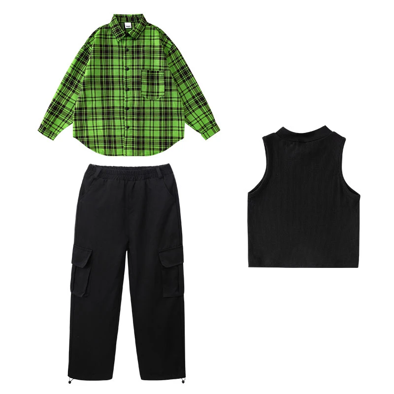 Одежда в стиле хип-хоп для девочек-подростков, Зеленая рубашка в клетку, Черные брюки-карго, костюм для джазовых танцев, Костюм Kpop, Одежда для детских рейв-фестивалей