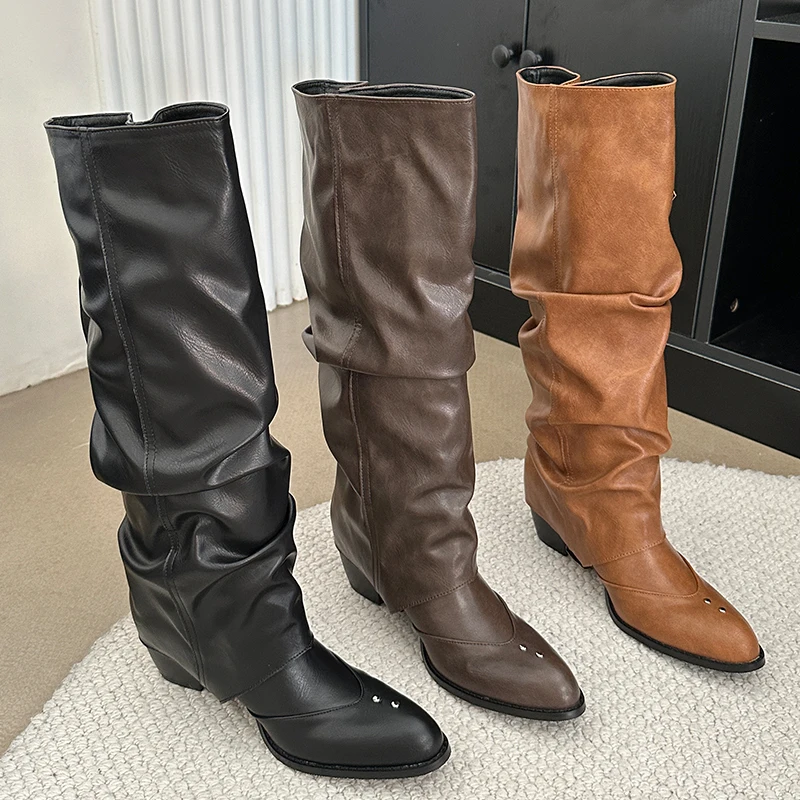 Обувь с пряжкой, женские длинные сапоги в западном стиле, два вида обуви, модные женские туфли на каблуках, женские сапоги до колена, обувь