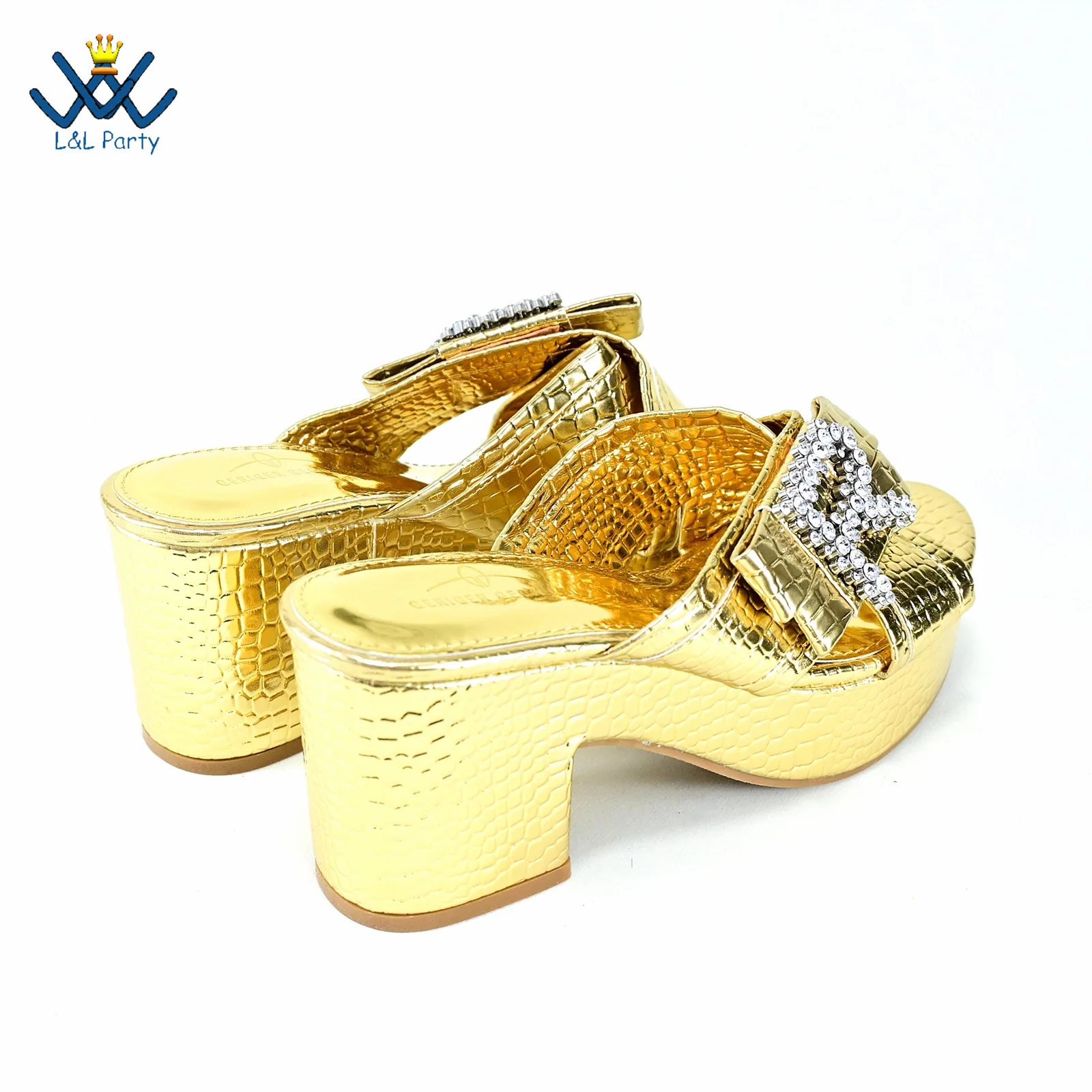 Классика Новые поступления Обувь итальянского дизайна Сумка в тон золотого цвета в британском стиле Удобные каблуки со сверкающими кристаллами