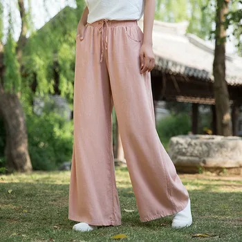 2023 Летние хлопчатобумажные льняные брюки в китайском традиционном стиле, винтажные брюки дзен, повседневные широкие брюки для женщин