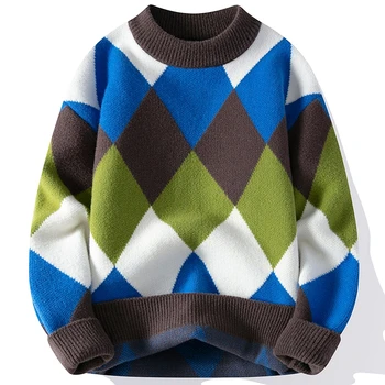2023 Новый Осенне-зимний Толстый теплый кашемировый свитер Harajuku, мужской Рождественский джемпер высокого класса, Модный пуловер из аргайла, свитера