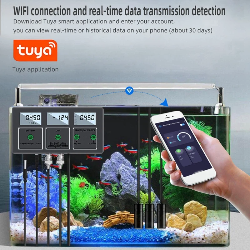 Цифровой Wifi-тестер качества воды Tuya 8 В 1 PH EC TDS SALT SG.Многофункциональный смарт-монитор Temp ORP CF Meter