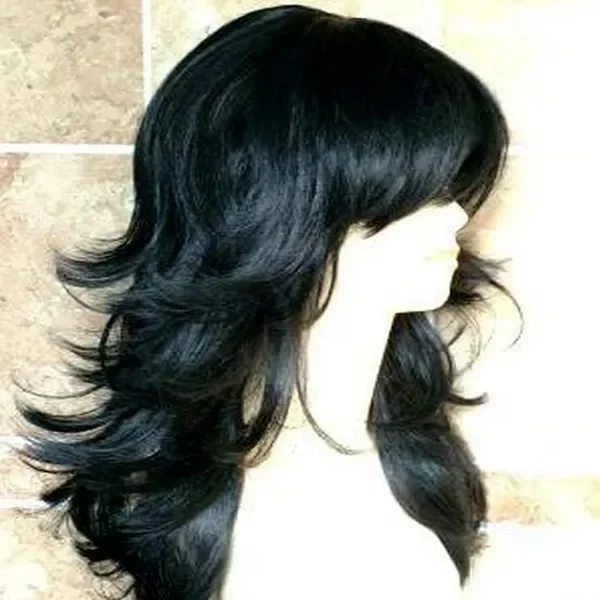 Модные женские длинные черные парики с бахромой, Зауженный многослойный прямой парик