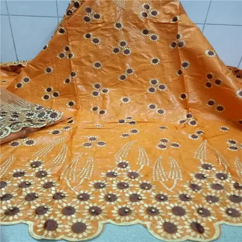 5 + 2 Ярда Парчовой ткани Bazin Riche 2020 Новая Африканская Кружевная Ткань Riche Нигерия оранжевая ткань Bazin Riche для платья kc19-52