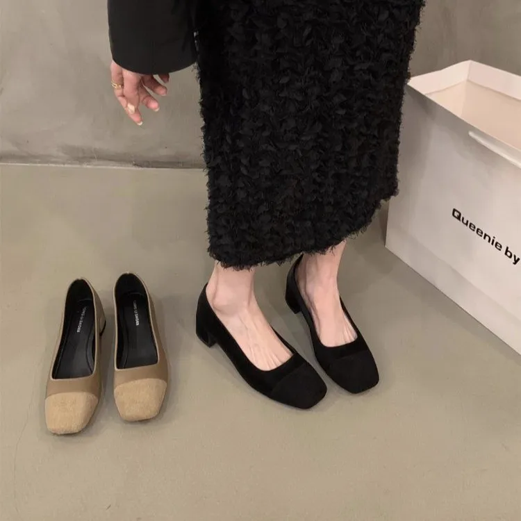 Простые удобные женские туфли на высоком квадратном каблуке в стиле ретро из замши с квадратным носком, черные офисные туфли, женские туфли-лодочки