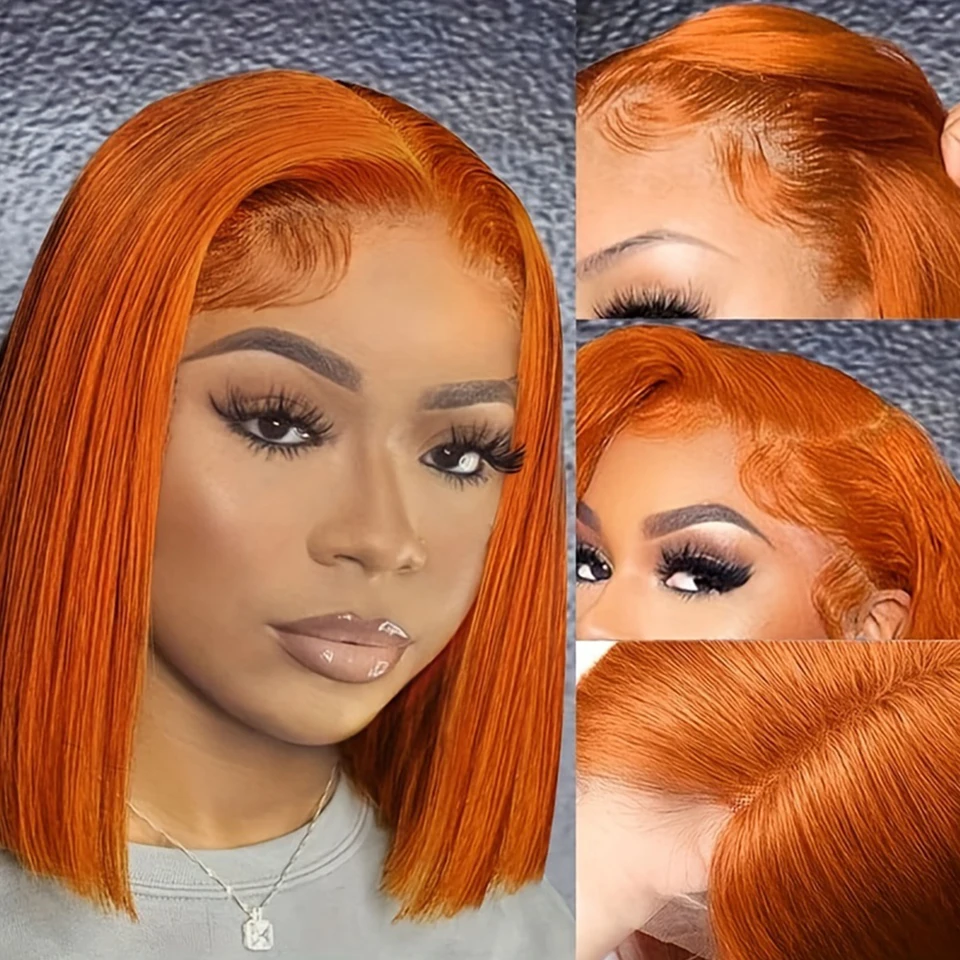 Рыжевато-оранжевый прямой парик-боб с кружевами спереди, парики из человеческих волос для женщин, парики из человеческих волос, Бразильские прямые парики с кружевами спереди