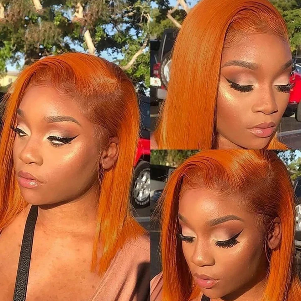 Рыжевато-оранжевый прямой парик-боб с кружевами спереди, парики из человеческих волос для женщин, парики из человеческих волос, Бразильские прямые парики с кружевами спереди