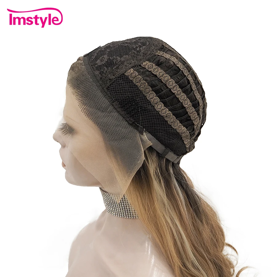 Каштановый парик Imstyle, длинный синтетический парик на кружеве, парик из термостойкого волокна с темными корнями, натуральные волнистые парики для женщин на каждый день