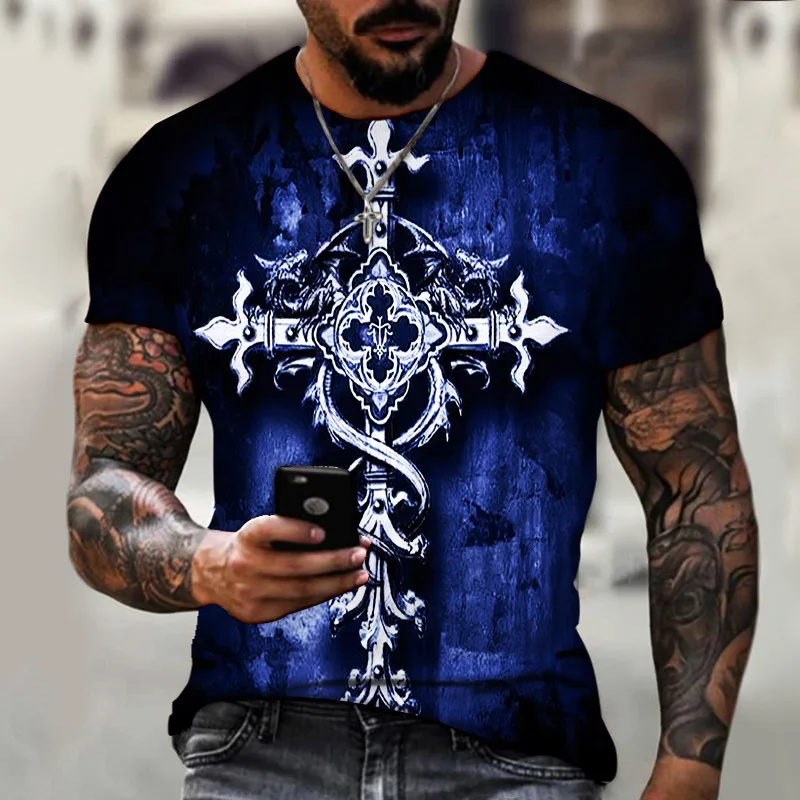 Модная мужская футболка с рисунком креста и розы, свободные топы с круглым вырезом, Дышащая удобная летняя одежда y2k большого размера для мужчин