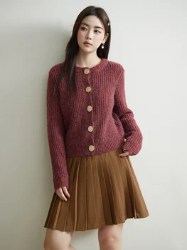 DUSHU Ретро Фиолетово-красный кардиган, свитер для женщин, украшение в виде большой пуговицы, женские зимние короткие свитера с слегка заниженными рукавами