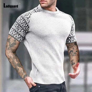 Ladiguard, модная футболка с принтом, мужские вязаные обтягивающие топы, одежда 2024, Новые летние повседневные пуловеры, футболки оверсайз