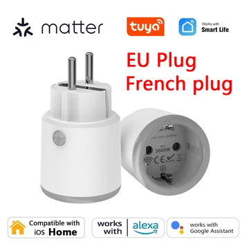 Matter Wifi Smart Socket 16A EU / French Smart Plug Использует приложение Tuya с мониторингом мощности, работает с Homekit Alexa Echo Google