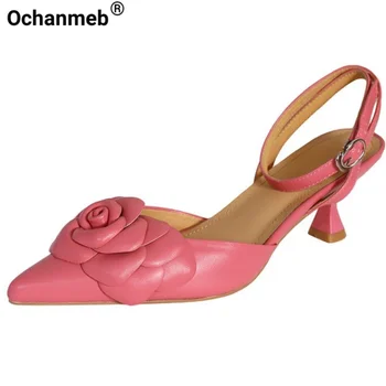Ochanmeb, женские сандалии из овечьей кожи, роскошные летние туфли на каблуке с цветком розы и котенком, Женские сандалии с ремешком на щиколотке и закрытым носком, нежно-розовый