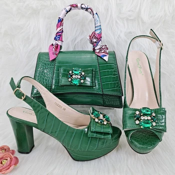 QSGFC Новое поступление, дизайн из синтетического глянцевого материала, зеленый цвет, женские туфли на высоком каблуке и сумка на платформе
