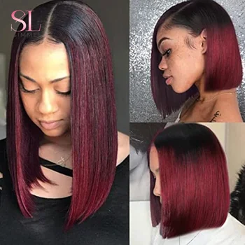T1B /99j Бордово-красный Прямой парик из человеческих волос с Т-образным вырезом спереди на кружеве для женщин, цветные Бразильские волосы Remy, бесклеевой Натуральный парик