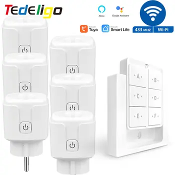 Tuya WiFi Smart Plug Socket 16A 3000 Вт 433 МГц Беспроводной Пульт Дистанционного Управления Розеткой с Монитором Питания, EU FR Работа с Alexa