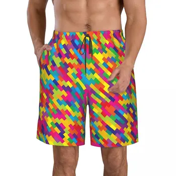 Абстрактная красочная геометрическая сетка Разноцветных форм, мужские пляжные шорты, Быстросохнущий купальник для фитнеса, Забавные уличные 3D шорты