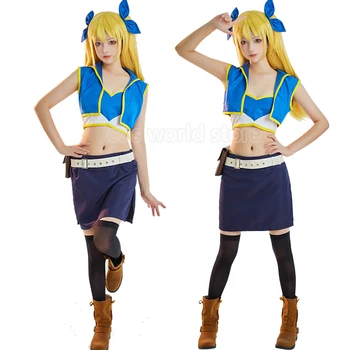 Аниме Fairy Tail Lucy Heartfilia Костюмы для косплея Женщины Лолита Сексуальная синяя униформа Головные уборы Носки Хэллоуин Карнавальная одежда для вечеринок