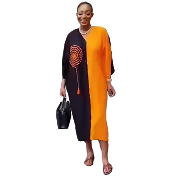 Африканские Платья для Женщин, Летняя Мода, Африканское Платье С Длинным Рукавом И V-образным вырезом из Полиэстера, Красное Желтое Вечернее Платье длиной до колен, Африканская Одежда