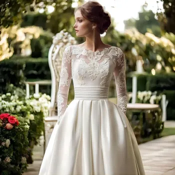 Великолепное свадебное платье с аппликацией, кружево с длинным рукавом, Элегантные свадебные платья, Иллюзионное свадебное платье трапециевидной формы с пуговицами
