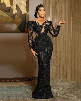 Вечерние платья Aso Ebi Arabic Плюс размер Черное роскошное русалочье кружево с бисером и кисточками на прозрачной шее Вечернее платье для второго выпускного вечера