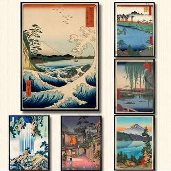 Винтажный японский пейзаж, плакат, принты, волна, Канагава, художественная роспись на холсте, настенные панно для гостиной, восточный домашний декор