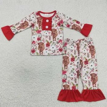 Детская пижама для маленьких девочек, рубашки с длинными рукавами, Рождественский комплект с цветочным рисунком, Детские штаны, пижама для малышей в стиле Западной коровы, пижамы, пижамы