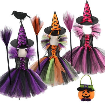 Детский костюм на Хэллоуин для девочек, платье-пачка для косплея ведьмы до колен со шляпой-метлой, детское карнавальное платье, маскарадная одежда, новинка
