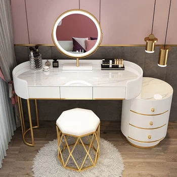 Дизайнерский туалетный столик Mordern из белого золота, туалетный столик, зеркало, столик для макияжа, светодиодная подсветка, 6 ящиков, мебель для спальни WRXYH