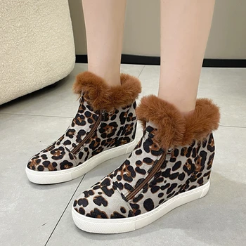 Женская хлопковая обувь с леопардовым принтом 2023, зимние повседневные нескользящие кроссовки с круглым носком и боковой молнией, Легкие зимние ботинки с мягкой подошвой