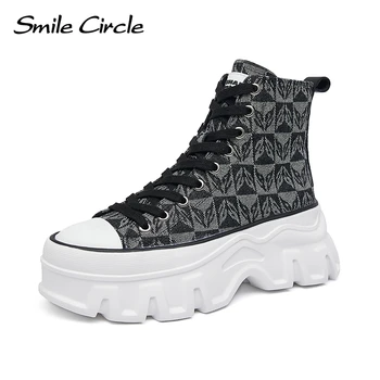 Женские ботильоны Smile Circle на массивном каблуке, парусиновая обувь на платформе с высоким берцем, увеличивающая рост, модная женская обувь с толстой подошвой