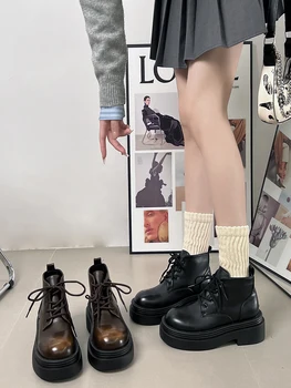 Женские ботинки Осенние Ботинки-Женская Обувь С круглым Носком На шнуровке 2023, Ботильоны в стиле 