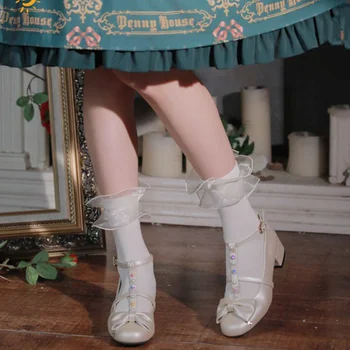 Женские Кружевные Сетчатые Черно-белые хлопчатобумажные носки в стиле Японской девы в стиле Лолиты, милые короткие носки в стиле Харадзюку, носки принцессы с оборками и оборками