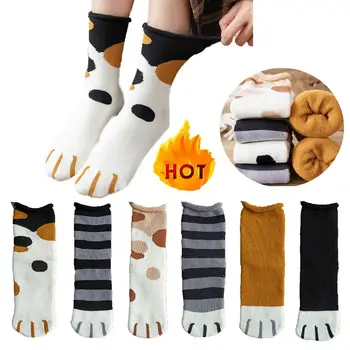 Женские милые зимние теплые мягкие хлопчатобумажные носки, утепленные гольфы с рисунком кошачьей лапы