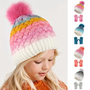 Зимняя вязаная шапка Детская Внутренняя Бархатная, Шерстяные шапочки в тон для мальчиков и девочек, универсальные шапочки для защиты ушей для детей