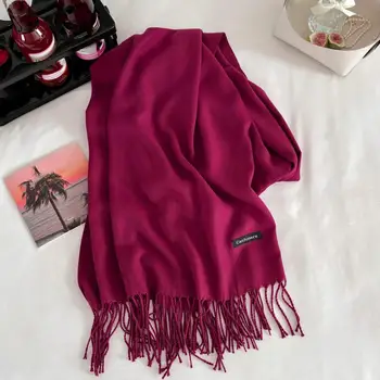 Зимняя декоративная шаль с кисточками, Мягкий шарф, уютный утолщенный однотонный женский шарф с кисточками, теплая зимняя шаль с широким длинным вырезом