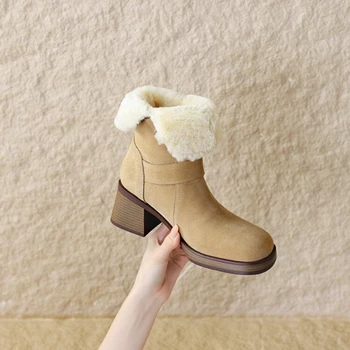 Зимняя женская обувь, короткие ботинки с круглым носком на толстом каблуке, женская обувь из коровьей замши, теплые шерстяные ботинки на платформе, зимние ботинки