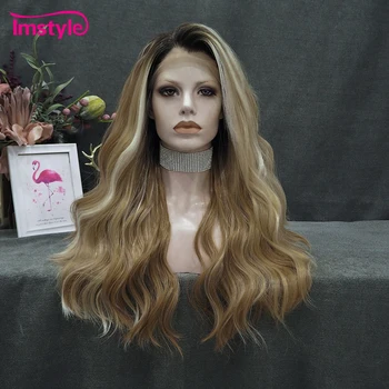 Каштановый парик Imstyle, длинный синтетический парик на кружеве, парик из термостойкого волокна с темными корнями, натуральные волнистые парики для женщин на каждый день