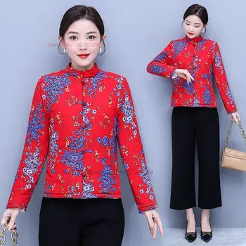 китайское винтажное пальто 2024 года, костюм в стиле ретро эпохи тан, хлопковая льняная куртка с этническим традиционным цветочным принтом, восточное пальто с хлопковой подкладкой hanfu