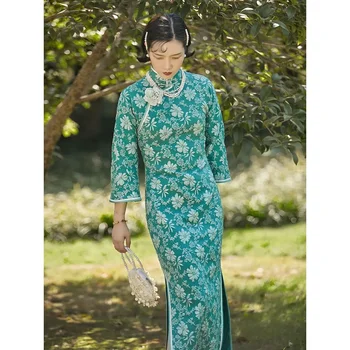 Китайское традиционное женское платье из синего атласа Элегантное Ретро Осеннее имитационное шелковое улучшенное парчовое платье Ципао Модерн