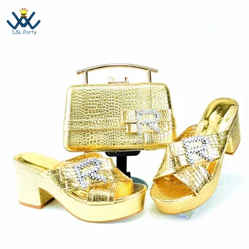 Классика Новые поступления Обувь итальянского дизайна Сумка в тон золотого цвета в британском стиле Удобные каблуки со сверкающими кристаллами