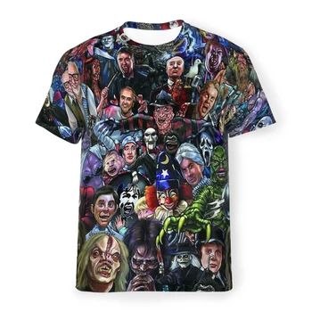 Коллаж из мемов ужасов, футболки из полиэстера, топы в мужском стиле, Тонкая футболка с круглым вырезом.