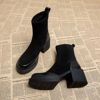 Короткие женские туфли, Черные Женские Ботильоны, Армейские Ботильоны на очень высоком Каблуке, Замшевые Осенние ботинки на каблуке в стиле панк
