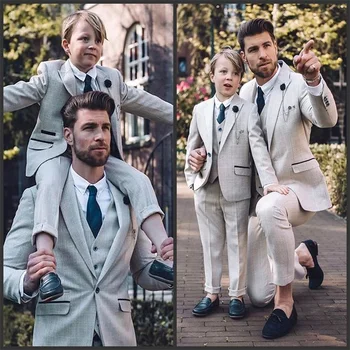Костюмы для отца и сына, сшитые на заказ из 3 предметов, светло-серый официальный блейзер из смеси хлопка с зубчатыми лацканами, мужские костюмы для отца и сына