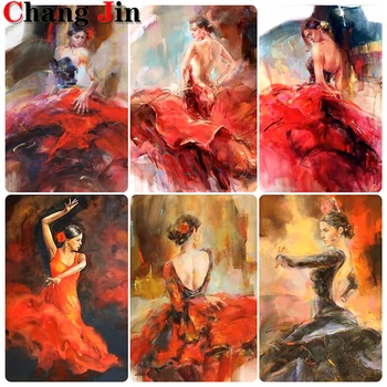 Красивые женщины для фламенко в красной юбке, Алмазная живопись, вышивка крестом, Алмазная мозаика, Испанское искусство, мозаика для танцовщиц, домашний декор