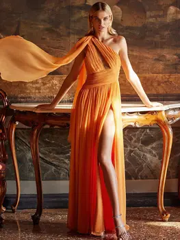 Красивые оранжевые платья для выпускного вечера трапециевидной формы с плиссированными оборками на одно плечо, Уникальное вечернее платье без спинки, длинные халаты без рукавов.