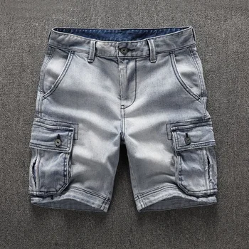 Летние мужские джинсовые шорты-карго с множеством карманов, прямые уличные джинсы со средней талией, выстиранные