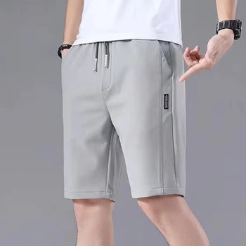 Летние мужские спортивные шорты 2024 года, Однотонные, с прямым рисунком, свободного типа, Повседневные шорты с эластичной резинкой на талии и завязками, штаны для бега