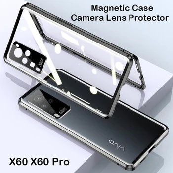 Магнитный чехол для Vivo X60 Pro Plus 5G, Металлический Бампер, Крышка из Закаленного стекла, Защитная пленка для камеры, Чехол 360, X50, X80, X70, X90
