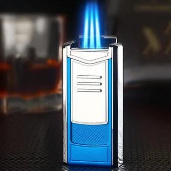 Металлическая Мощная Трехпозиционная зажигалка с синим Пламенем, Ветрозащитная Надувная Выдвижная коробка для зажигания Сигар, Подарочная коробка для сигарет, инструменты